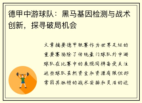 德甲中游球队：黑马基因检测与战术创新，探寻破局机会