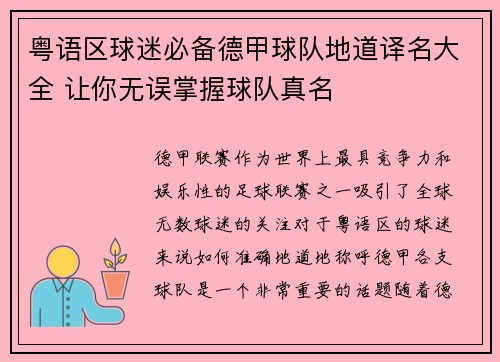 粤语区球迷必备德甲球队地道译名大全 让你无误掌握球队真名